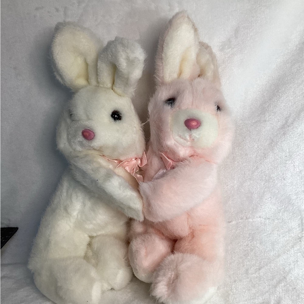 VINTAGE MERVYNS MADE IN KOREA Pink and BUNNY RABBITS  HOLDING HANDS EASTER PLUSH